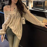 spring and summer new style women's lazy style loose outer pullover blouse hollow knitted sweater v-neck top for women