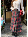 grunge outfits Retro Scottish Plaid Skirt Women's Long High Waist A- line Hip Skirt Slimming Draping Pleated Skirt