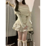 outfit Korean Style Pure White off-Shoulder Long-Sleeved Sweater Women's Autumn Bow off-Shoulder Sweater Slim-Fit Short Top