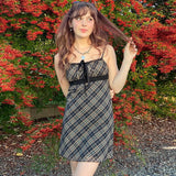 spring new sweet fresh plaid suspenders sexy lace stitching dress A-line short skirt