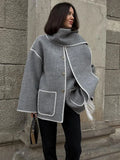 Elegant Loose Women's Coat With Scarf Fashion Long Sleeve Pocket Single Breasted Female Coats Autumn Winter Lady Jacket