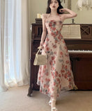 Floral Chiffon France Vintage Fairy Dress Print Korean Style Halter Dress Women Backless Sexy Elegant Party Midi Dresses