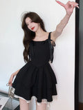 Korean Style Black Corset Dress Women Fairycore Cute Mini Lolita Dresses Y2k Ribbon Folds Layered Slip Party Vestidos