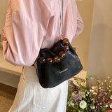 Elegant Womens Handbag Pink Pearl Small Leather Fashion Shoulder Bag 2024 New Casual Exquisite Designer Female Bucket Bag