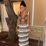 Striped Knitted Beach Skirt Sets Women Sexy Backless Slim Bohemian Outfits Fashion Ruffle Holiday Vacation 2 Piece Set