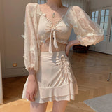 Summer Korean Sexy High Waist Bikini Set Women Swimsuit Lace Long Sleeve Skirt Style Swimwear Beach Holiday Beige Bathing Suits