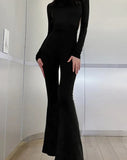 Solid Black Sexy Backless Bodycon Wide Leg Jumpsuit Women Autumn Casual Slim Long Sleeve O-Neck Playsuit Lady Streetwear