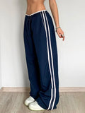 Side Zipper Split Contrast Stripe Loose Casual Women Straight Leg Pants Y2K Baggy Trousers