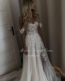 Glitter Lace Appliques Wedding Dresses Off the Shoulder Sweetheart A-Line Beach Bride Dress Bridal Gowns