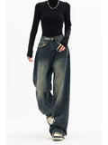 Korean Fashion Women's High Waist Straight Streetwear Style Blue Jeans Pants Y2K Vintage Wide Leg Female Baggy Trouser Denim