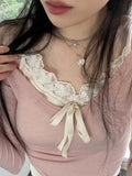 Sweet Y2K Lace Contrast Patchwork Slim Long Sleeve Pink T Shirt Women 2000s Cute Kawaii Clothes