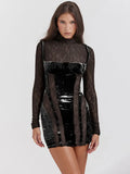 Sexy Lace Velvet Patchwork Mini Dress Women Elegant Stand Collar Long Sleeve Bodycon Dress  Lady Chic See Through Party Robe