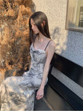 Backless Long Dress Women Bandage Summer Vacation Sexy Slim Tie Dye Vintage Spaghetti Strap Graceful Designed Chinese Style OOTD