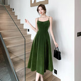 Elegant Party Sleeveless Velvet Midi Dresses for Women Autumn New Vintage Fashions A-line Slim Green Casual Female Clothing