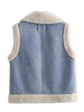 Denim Fabric Lamb Faux Fur Women Vest Patchwork Sleeveless Lapel Open Front Loose Warm Waistcoat Autumn Winter Chic Casual Tops