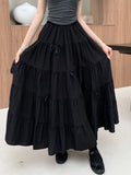 Bowknot Midi Long Skirt Women Korean Sweet Spring Summer High Waisted Ruffle A-Line Pleated Skirt White Black