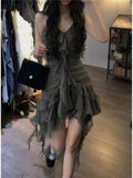 Sexy Dark Sleeveless V-neck Women Dresses Cascading Ruffles Asymmetrical Femme Robe Harajuku Summer Camisole Dress