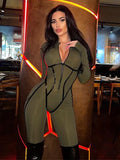 Sports Leather Zipper Tight Hip Jumpsuit Women Spring Long Sleeve Patchwork Ribbon Split Line Rompers Streetwear Overalls