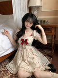 Sweet bow Dress Women V Neck Kawaii Lace Trim Mini Dress New French  Floral A-line Princess Dress Elegant Party Dresses