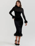 Elegant Feather Sexy Midi Dress For Women Black Fashion Sheer Long Sleeve Backless Bodycon Club Party Long Dress