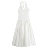 Sexy Halter White Dresses Women Off Shoulder Bodycon Midi Dress Deep V Neck Ruched Long Dress Backless Party Dresses Woman