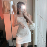 Summer Sexy White Spaghetti Strap Party Mini Dress French Prom Women Clothe Backless Pearls Camisole Black Sleeveless Dress