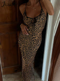 Women New Y2K Elegant Leopard Printed Maxi Dresses Backless Skinny Spaghetti Strap Lace-up Slim Vintage Robe Dress