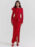 Elegant Bow Backless Sexy Maxi Dress For Women Fashion Red O Neck Long Sleeve Bodycon Club Party Long Dress New