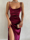 Velvet Swing Collar Sleeveless Slip Sexy Slit Maxi Dress New Fashion Evening Party Women Elegant Streetwear Y2K