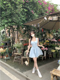 Y2k Fairycore Blue Corset Dress Women Korean Fashion Sweet Lace High Waist Tunic Slip Mini Princess Prom Dresses Summer