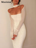 Mesh Long Sleeve Long Dress Women Outfit White Club Party Midi Dresses Gown Female Fashion Elegant Bodycon Vestido