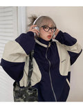 Vintage Bomber Jackets Women Korean Streetwear Color Block Patchwork Oversized Varsity Jacket College Spring Hippie Zip