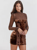 Sexy Lace Velvet Patchwork Mini Dress Women Elegant Stand Collar Long Sleeve Bodycon Dress  Lady Chic See Through Party Robe