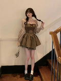 Deeptown Kawaii Korean Style Brown Mini Dress Women Fairycore Cute Lolita One Piece Long Sleeve Tunic Princess Dresses Autumn
