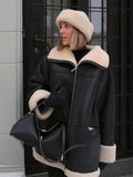 Fashion Autumn Faux Fur Coat Women Winter Long Sleeve Lapels PU Jackets Coats Loose Black Warm Jacket Outerwear Clothes