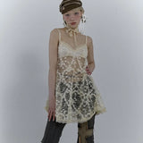 Japanese Y2k Lace Dress Grunge Aesthetics Hollow Out Short Dresses Fairycore Vintage See Though Evening Dresses Lolita