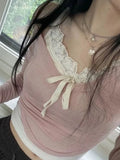 Sweet Y2K Lace Contrast Patchwork Slim Long Sleeve Pink T Shirt Women 2000s Cute Kawaii Clothes