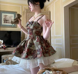 Summer Kawaii Cute Lolita Dress Women Vintage Sweet Bear Rint Bow Slip Dresses Famale Elegant High Waist Slim Party Mini Dress