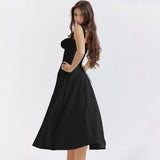 Summer Elegant Lace Up Black Dress Long A Line Midi Party Dress Casual Double Layer Women Dress New Arrivals