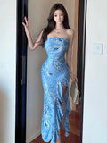 Darianrojas  -  Retro Blue Flower Backless Strapless Evening Party Dress Women Elegant Sleeveless Ruffle Edge Split Dress Summer Prom Robe Boho