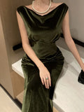 Elegant Velvet Dress Women Sleeveless V-neck Wrap Hip Slim Mermaid Evening Party Prom Vestidos Mujer Solid Fashion Sexy Robe New