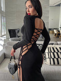 Bandage Dress Women Autumn Long Sleeve O-Neck Sexy Split Maxi Dresses Black Elegant Ladies Lace Up Bodycon Vestidos