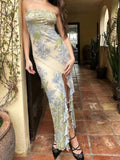 Summer Elegant Style Mesh Print Long Dress New Fashion Slim-fit Strapless Dress Women A-line Bodycon Ruffles Split Dress