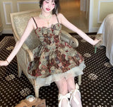 Summer Kawaii Cute Lolita Dress Women Vintage Sweet Bear Rint Bow Slip Dresses Famale Elegant High Waist Slim Party Mini Dress