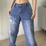 Harajuku printed Cargo Jeans Y2K Dark Blue brown High Waist Streetwear 90S Baggy Jeans Women Pants Straight wide leg jeans