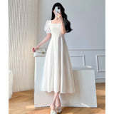 Vintage White Maxi Dresses for Women Party Prom Puff Sleeve Square Collar Temperament Bodycon Long Midi Dress Summer Clothing