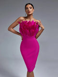 Red Bandage Dress Women Feather Party Dress Bodycon Elegant Midi Sexy Strapless Evening Birthday Club Outfits Summer