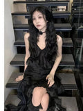Sexy Dark Sleeveless V-neck Women Dresses Cascading Ruffles Asymmetrical Femme Robe Harajuku Summer Camisole Dress
