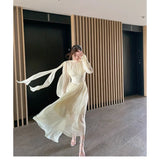 Summer French Chiffon Midi Dresses for Women Elegant Long Sleeve Slim Ruffle Dress Gentle Fairy Clothes Sweet Puffy Short Dress