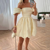 Fashion Solid Waist Ball Prom Dress Sexy Ladies Strapless Puff Sleeve A-line Dress Elegant Off Shoulder Draped Party Dress